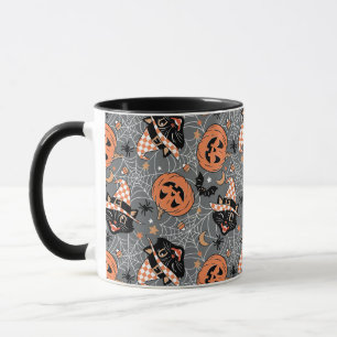 Vintage Halloween-Katzen und Kürbismuster Tasse