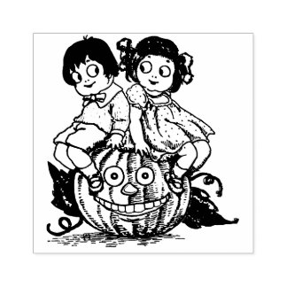 Vintage Halloween-Kinder auf Jack O'Lantern Gummistempel