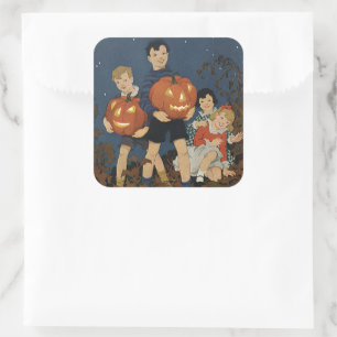 Vintage-Halloween, Kinder halten Kürbisse Quadratischer Aufkleber