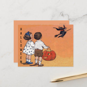 Vintage-Halloween-Kinder Hexe Kürbis Feiertagspostkarte