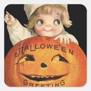 Vintage Halloween Kinder-Kürbis-Feiertags-Aufklebe Quadratischer Aufkleber