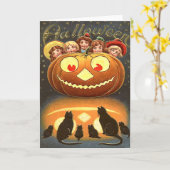 Vintage Halloween-Kinder und Katzen Karte (Gelbe Blume)