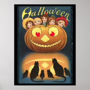 Vintage Halloween-Kinder verstecken sich hinter Kü Poster