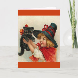 Vintage-Halloween-Kleine Hexe hält schwarze Katze Karte