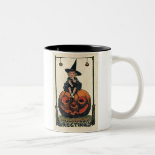 vintage-halloween-kleines-mädchen-hexe-kürbis-schw zweifarbige tasse