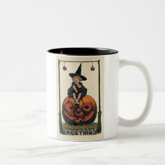 vintage-halloween-kleines-mädchen-hexe-kürbis-schw zweifarbige tasse