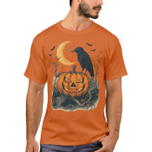 Vintage-Halloween-Krähe-Jack-O-Lantern-Kürbis-Shir