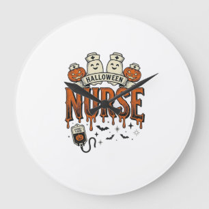 Vintage-Halloween-Krankenschwester-Geist-Kürbis-De Große Wanduhr