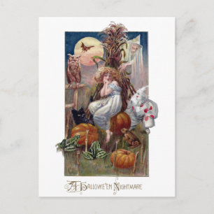 Vintage Halloween-Kreaturen und Dame auf Kornfeld Postkarte
