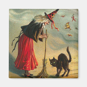 Vintage Halloween-Kunst - Katze trifft die Hexe! Magnet