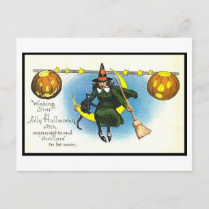 Vintage Halloween-Kunstpostkarte   Hexen-Kürbisse Postkarte