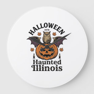 Vintage-Halloween-Kürbis-Eule-Illinois-Shirt-Desig Große Wanduhr