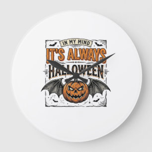 Vintage-Halloween-Kürbis-Fledermaus-Typografie-Shi Große Wanduhr