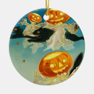 Vintage Halloween-Kürbis-Geister und schwarze Katz Keramik Ornament