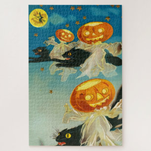Vintage Halloween-Kürbis-Geister und schwarze Katz Puzzle