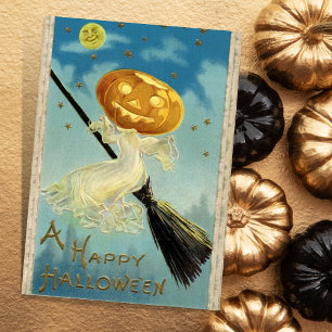Vintage Halloween-Kürbis-Hexe auf einem Besen