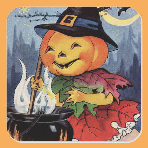 Vintage-Halloween-Kürbis-Hexe-Quadrat-Aufkleber Quadratischer Aufkleber