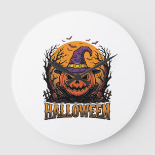 Vintage-Halloween-Kürbis-Hexenhut-Grafik_1 Große Wanduhr