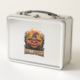 Vintage-Halloween-Kürbis-Hexenhut-Grafik_1 Metall Brotdose