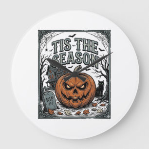 Vintage-Halloween-Kürbis-Katze-Tis-The-Season-Shir Große Wanduhr