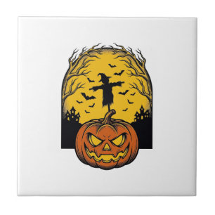 Vintage Halloween-Kürbis-Mond-Vogelscheuche-Kunst_ Fliese