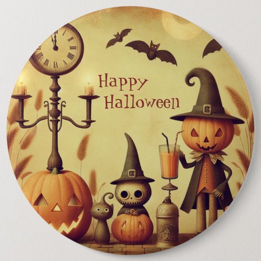 Vintage Halloween-Kürbis und -Fledermäuse Button (Vorderseite)