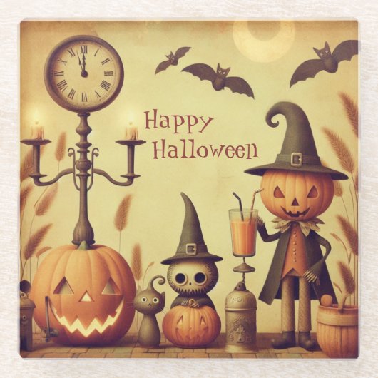 Vintage Halloween-Kürbis und -Fledermäuse Glasuntersetzer (Vorderseite)