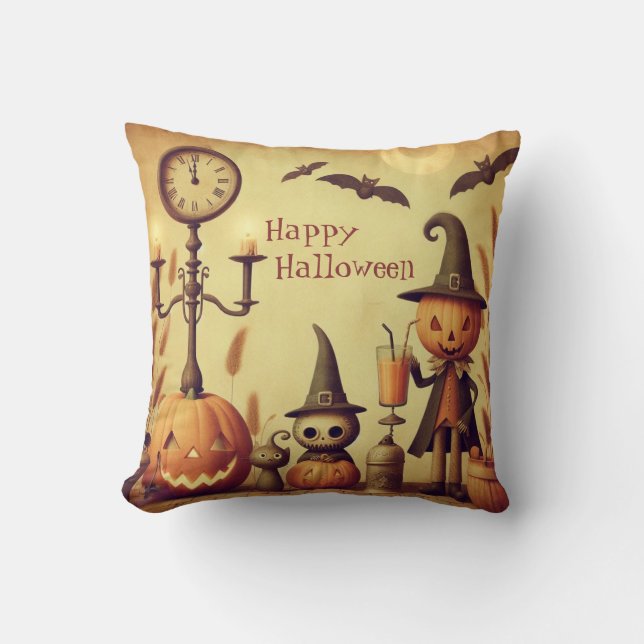 Vintage Halloween-Kürbis und -Fledermäuse Kissen (Vorderseite)