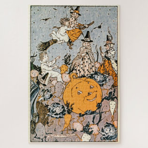 Vintage Halloween Kürbis und Hexen mit Besen Puzzle