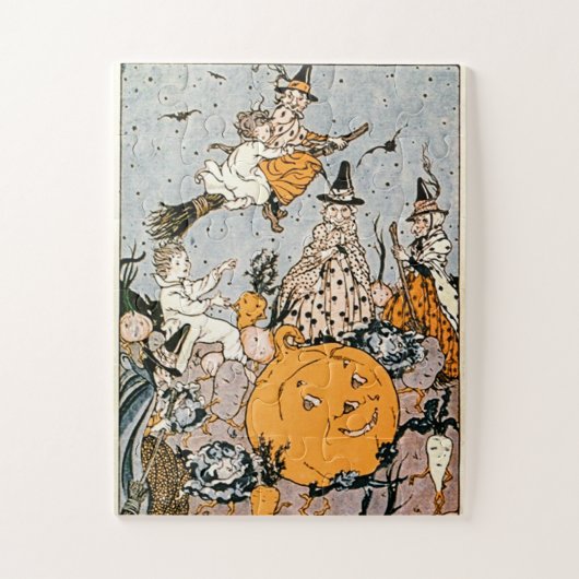 Vintage Halloween Kürbis und Hexen mit Besen Puzzle (Vertikal)