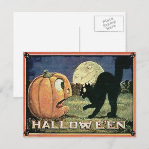 Vintage-Halloween-Kürbis und Katze in Mosaik Postkarte