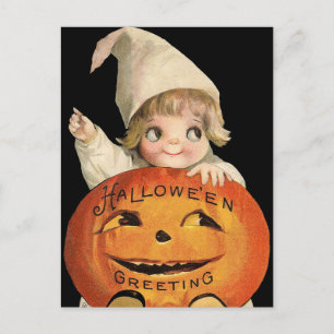 Vintage-Halloween-Kürbis und Kind Postkarte