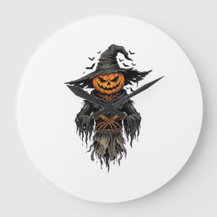 Vintage-Halloween-Kürbis-Vogelscheuche-Hexe-Shirt Große Wanduhr