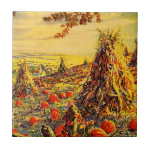 Vintage-Halloween-Kürbisfeld mit Heuhaufen Fliese