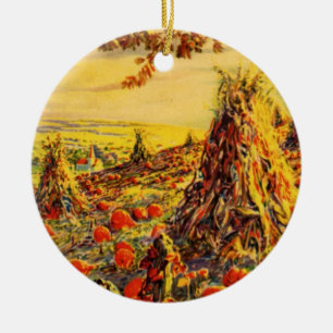 Vintage-Halloween-Kürbisfeld mit Heuhaufen Keramikornament