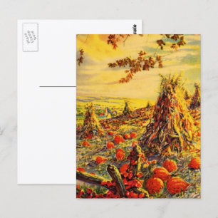 Vintage-Halloween-Kürbisfeld mit Heuhaufen Postkarte