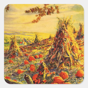 Vintage-Halloween-Kürbisfeld mit Heuhaufen Quadratischer Aufkleber
