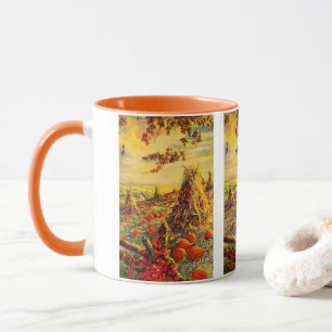 Vintage-Halloween-Kürbisfeld mit Heuhaufen Tasse