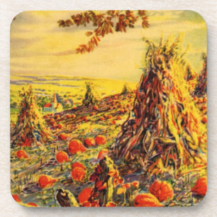 Vintage-Halloween-Kürbisfeld mit Heuhaufen Untersetzer