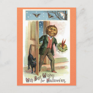 Vintage-Halloween-Kürbiskopf-Mann schwarze Katze Postkarte