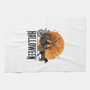 Vintage-Halloween-Kürbiskutsche-Hexen-Design_1 Geschirrtuch