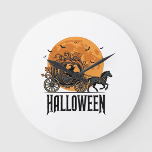 Vintage Halloween-Kürbiskutsche Hexendesign_1 Große Wanduhr
