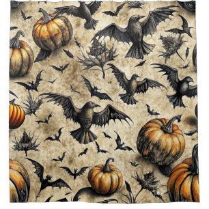 Vintage Halloween-Kürbisse Fledermäuse Krähen Herb Duschvorhang