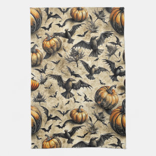 Vintage Halloween-Kürbisse Fledermäuse Krähen Herb Geschirrtuch