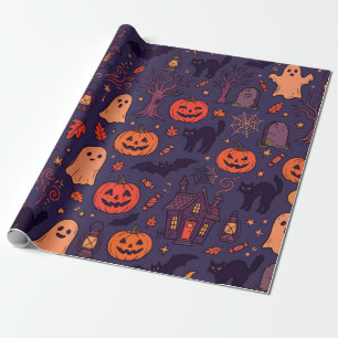 Vintage-Halloween-Kürbisse, Geister und schwarze K Geschenkpapier
