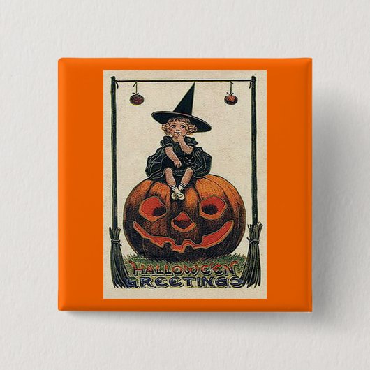 Vintage-Halloween-Mädchen auf Jack o'Lantern Button (Vorderseite)