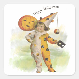 Vintage-Halloween-Mädchen und Jack-O-Lantern-Aufkl Quadratischer Aufkleber