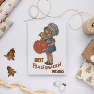 Vintage-Halloween-Mädchen und Welpe Karte