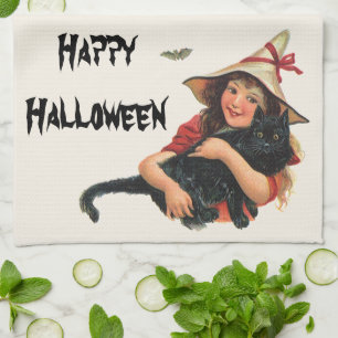 Vintage Halloween, Mädchenhexe mit schwarzer Katze Geschirrtuch