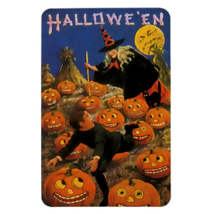 Vintage-Halloween-Magnet mit Hexe und Kürbissen Magnet